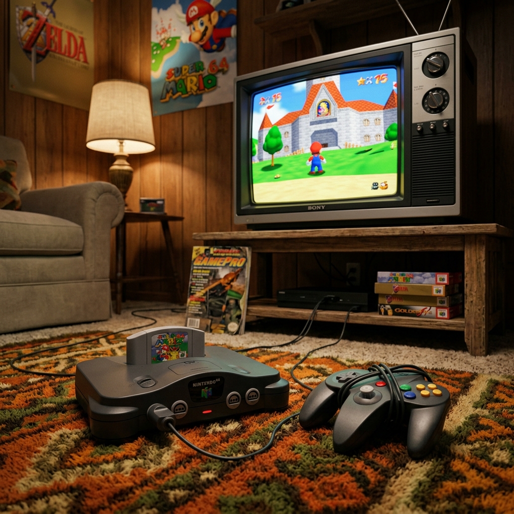 Nostalgic Nintendo 64 console setup showing Super Mario 64 3D castle gameplay on a vintage CRT television screen