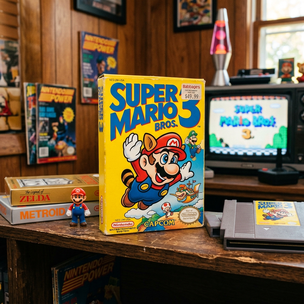 Super Mario Bros 3 iconic vibrant yellow box art showcased on a shelf in a nostalgic retro gaming room