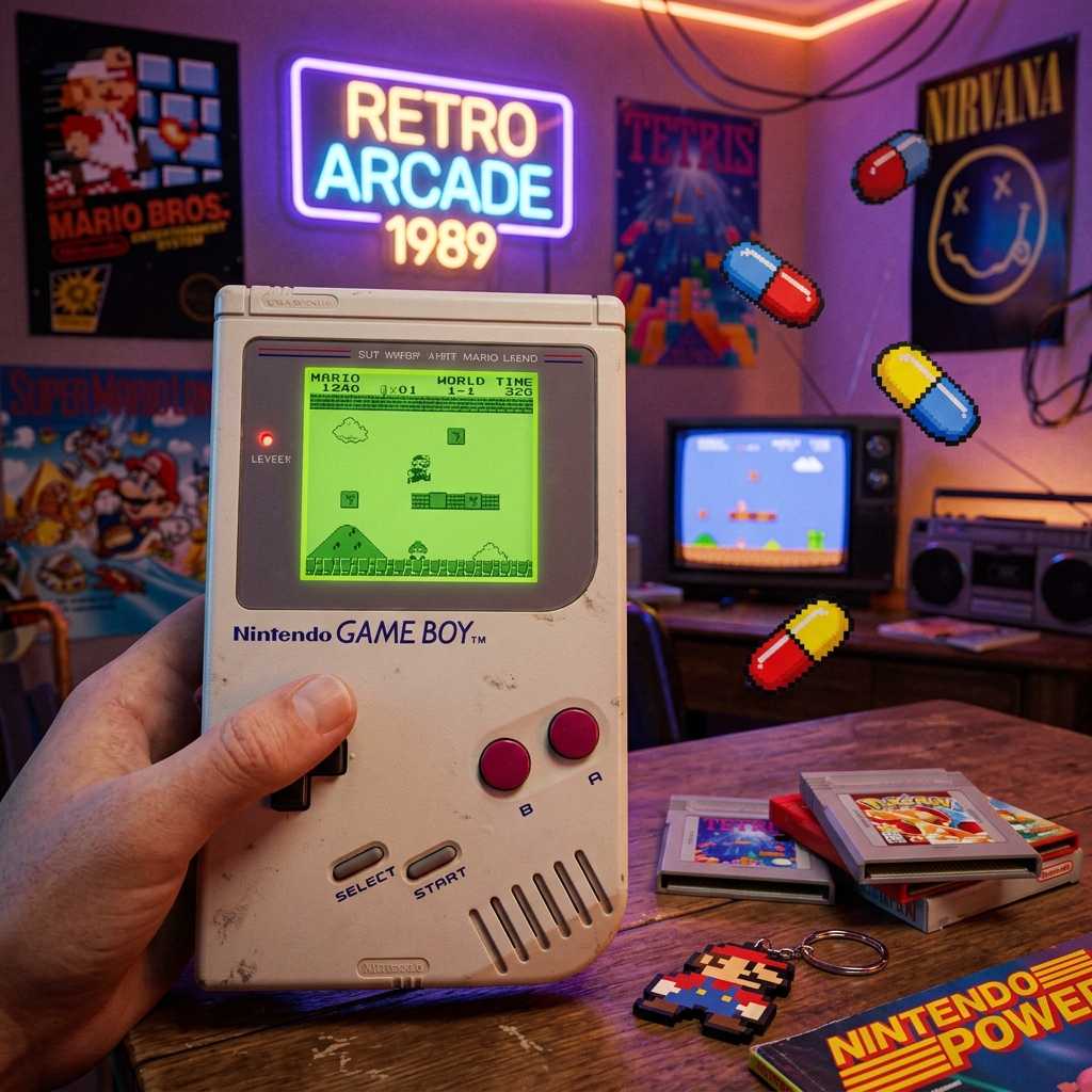 A beautiful vintage Game Boy console next to a retro TV showing classic Super Mario Land and Dr. Mario puzzles gameplay