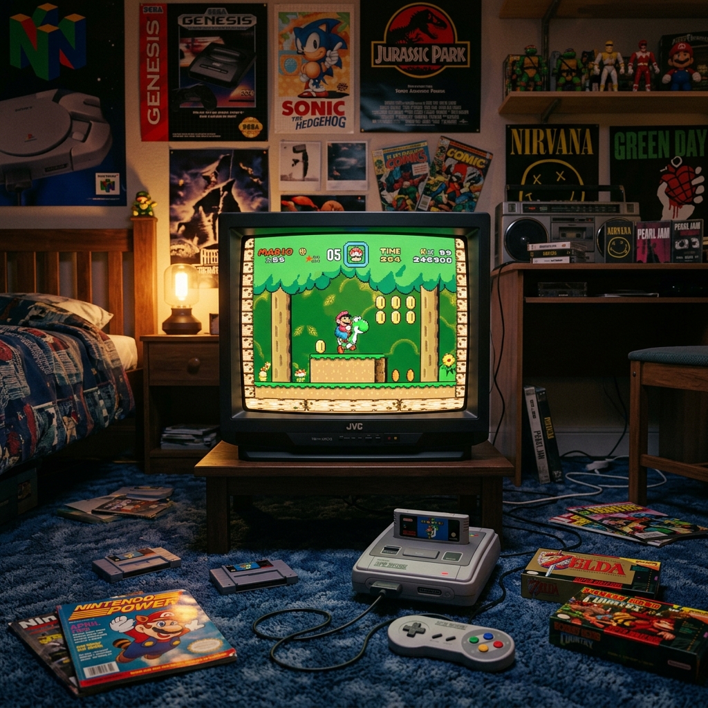 Super Mario World classic 16-bit SNES gameplay on a retro CRT TV in a nostalgic gaming room