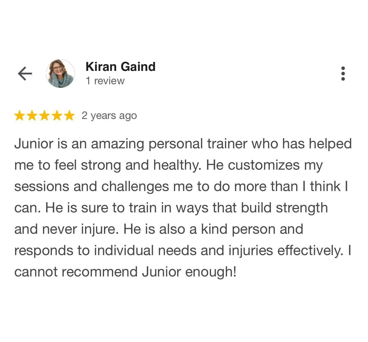 a screenshot of a review in home personal training